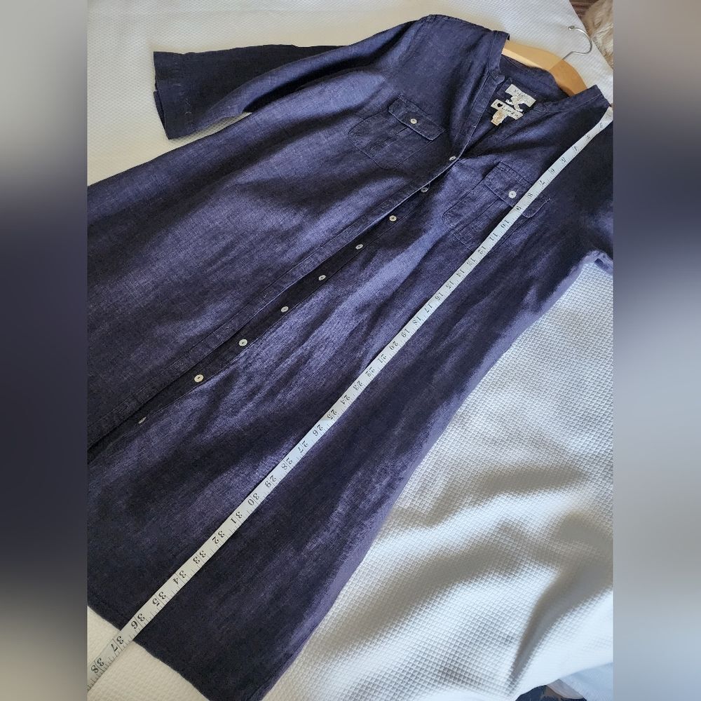 Women's Linen Blue Button-Up Tunic Dress - Picture 4 of 11